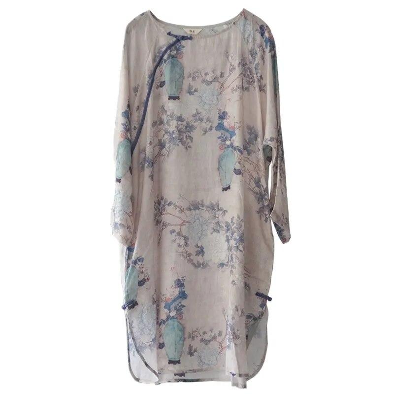 Johnature Damen Vintage Shirts O-Ausschnitt Halbarm Print Blumenblusen Frühling Hochwertige Damen Mittellanges Hemd