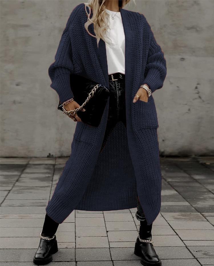 Women Knitted Cardigan Loose Fit Large Pockets European American Style Autumn Winter Fashion Cross Border Trade
