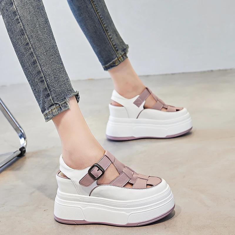 Fashion 7cm Hollow Genuine Leather Breathable Sandals Summer 2024 Women Casual Shoes Platform Wedge Chunky Sneakers Shoes Flats Leisure