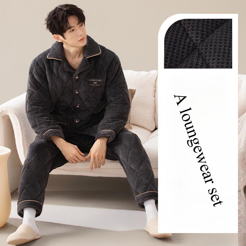 

Новая осенне-зимняя утолщенная трехслойная хлопковая пижама из кораллового бархата, мужская теплая и бархатная домашняя одежда, молодежный комплект 3XL