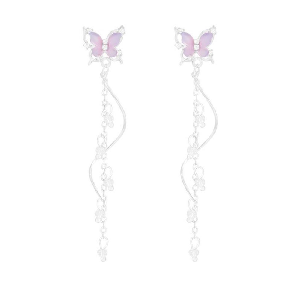 Butterfly Fashion Sweet Zirconia Purple Color Silver Color Long Tassel Earrings