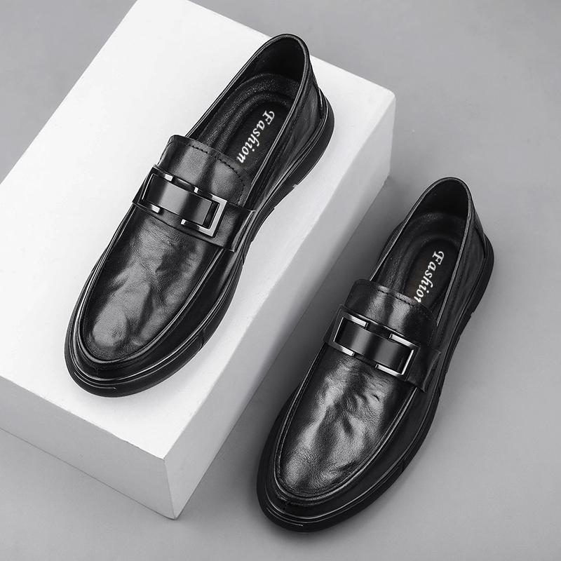 Fashion Metal Buckle Genuine Leather Loafers for Men Business Wedding Leather Shoes Soft Soled Casual Shoes Comfortable Driving Shoes