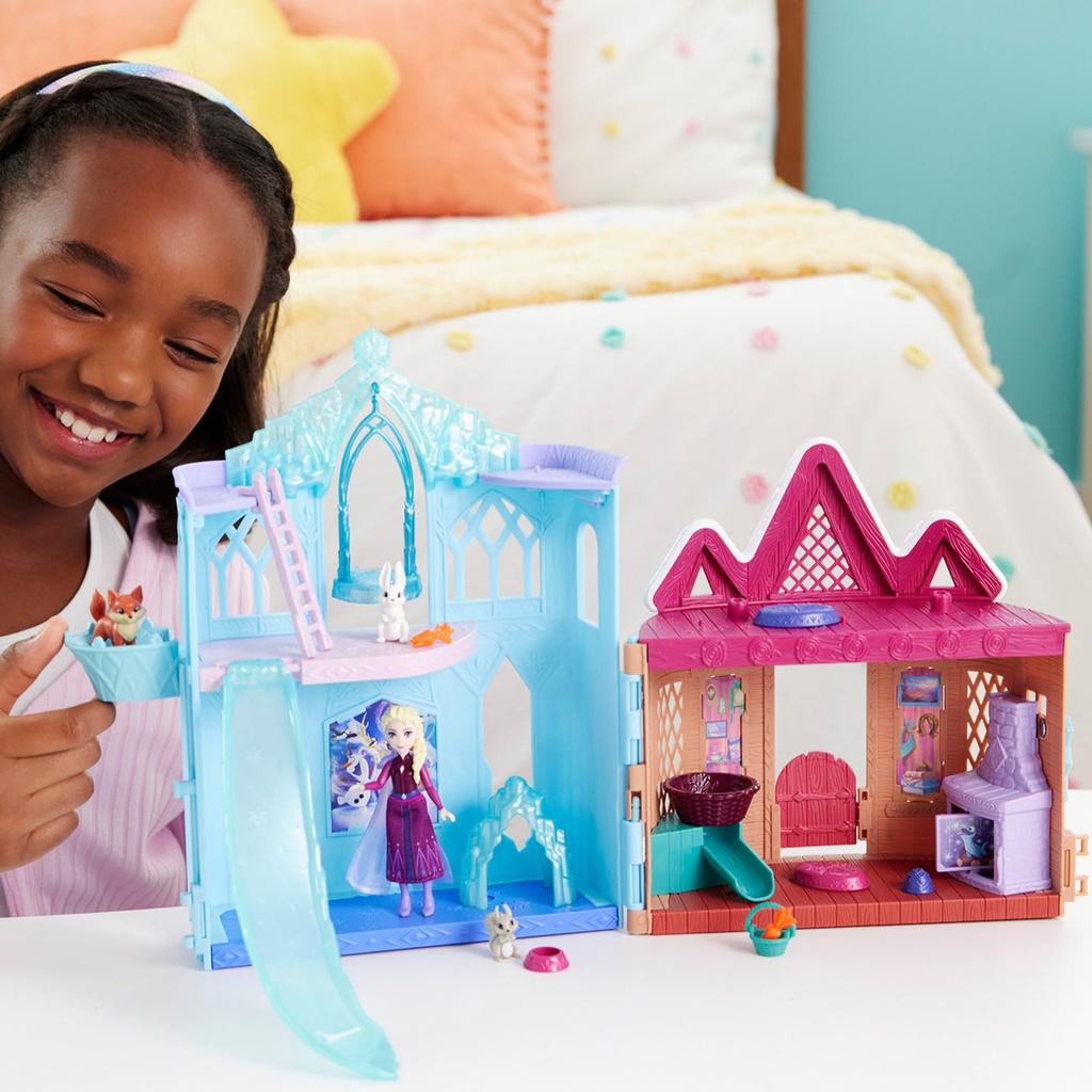 Mattel Disney Ledové království Elsa a Ledová zvířata z Arendelle Luxusní domeček pro panenky Hraní na role Hrací sada s 1 mini panenkou ve věku 3 let a panenkou JFG28 na převlékání, Nahoru,