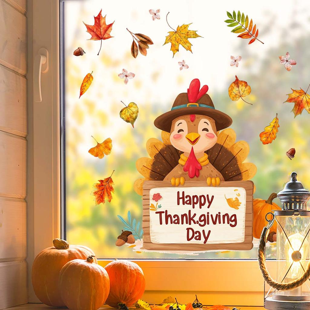 Retro-style Thanksgiving Turkey Window Sticker with Warm Elements. Self-adhesive, No Residue.