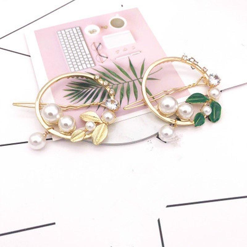 Yeni Moda Kadın Kız Altın/Yeşil Yaprak Metal Daire Ay Saç Klipleri Alaşım Yuvarlak İnci Tokalar Tutacak