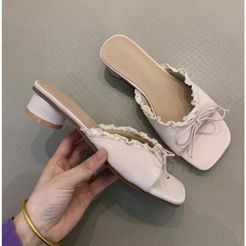 Designer Zomer Vlinderknoop Kant Dames Pantoffels Casual Dikke Lage Hak Jurk Straatstijl Slippers Pantuflas Chinelo Feminino