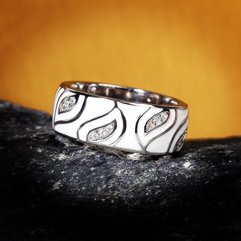 925  White Leaves Sparkling CZ Jewelry Ring Set Fine Jewelry Handmade Enamel Jewelry for Women