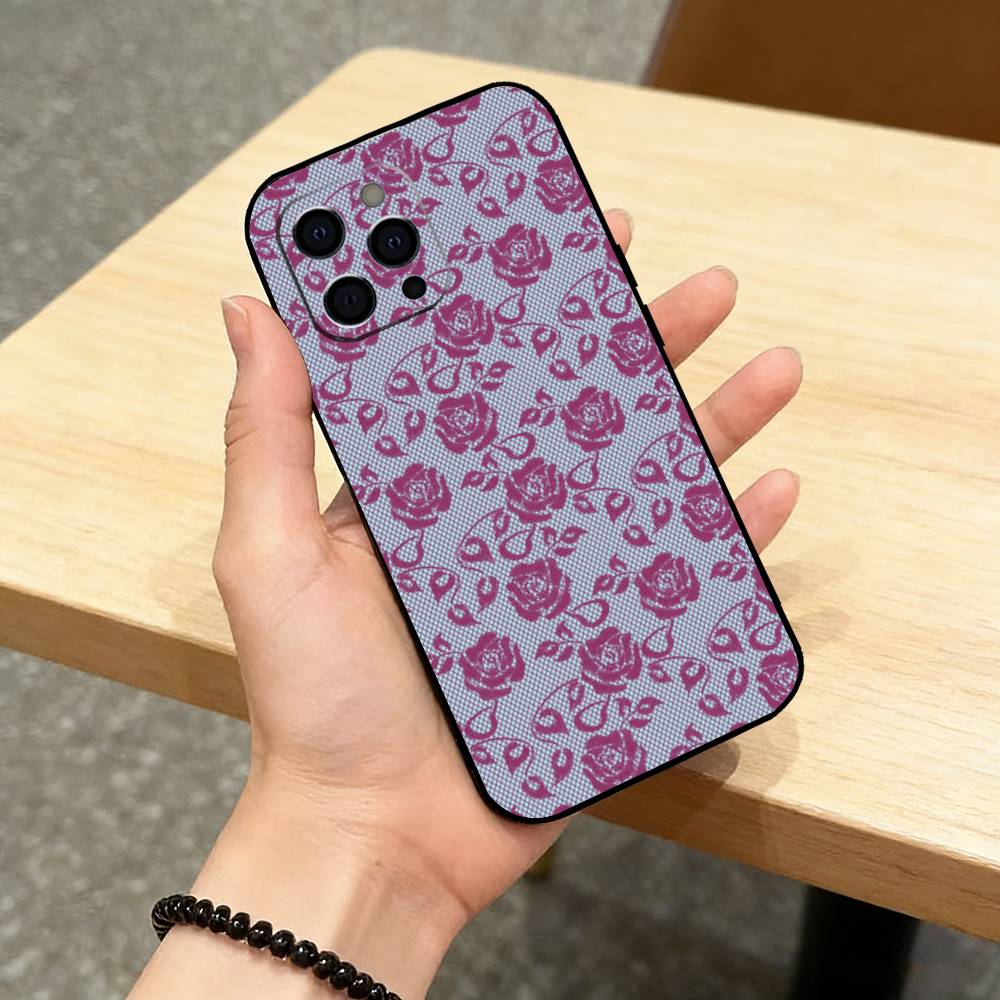Lace Print Pattern Phone Case For iPhone 17,16,15,14,13,12,11 Plus,Pro Max,XS,Soft Silicone Black Cover