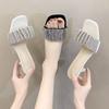 Versatile Square Head Open-toed Cool Slippers Women's 2025 Summer New Thin Heel with Skirt Elegant Rhinestone with High Heel