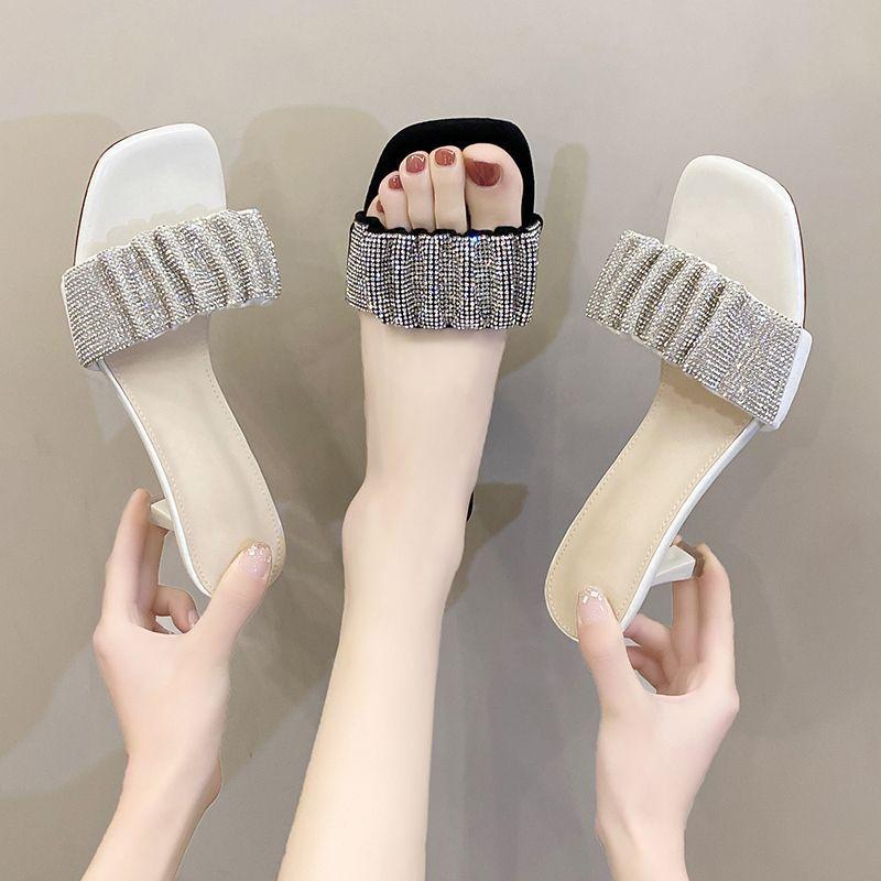 Versatile Square Head Open-toed Cool Slippers Women's 2025 Summer New Thin Heel with Skirt Elegant Rhinestone with High Heel