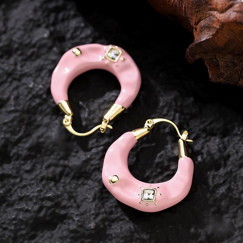 Stylish and Simple Old Money Style Enamel Drip Glaze Geometric Circle Ear Buckle Light Luxury High-end Earrings Personalized Fashionable Earrings
