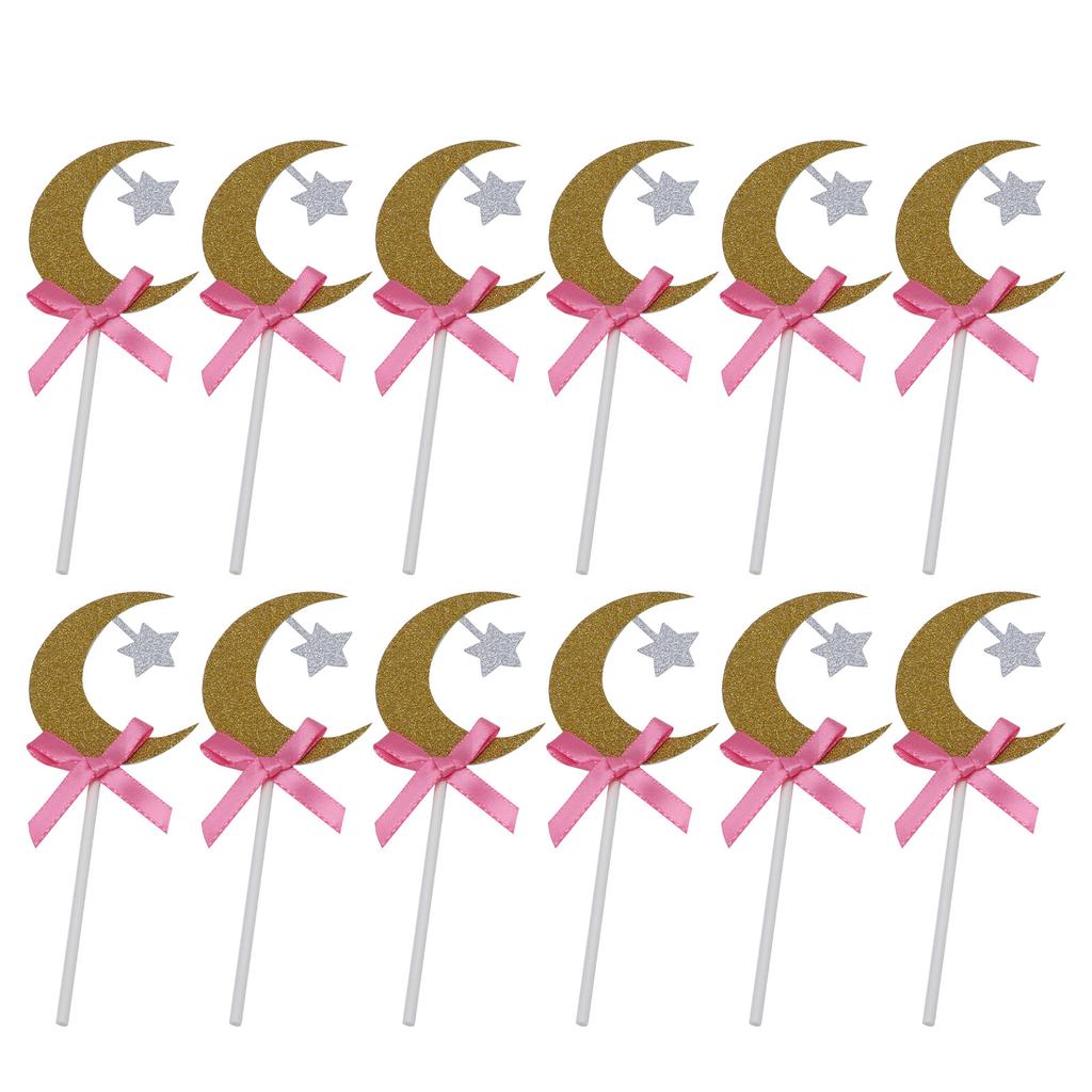 12Pcs Cake Insert Golden Moon Star Cake Topper with Pink Bowknot Wedding Birthday Party Decoration