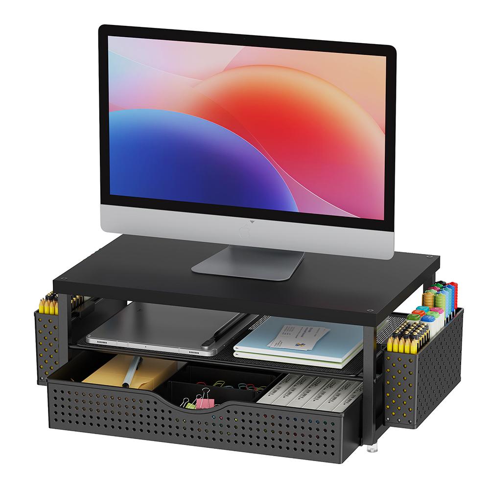 2-Tier Computer Monitor Stand Riser with Drawer and 2 Pen Holders Desk Organizer Desk Monitor Riser for Office Supplies