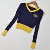 Women's V-neck Sweater Spring Autumn Long-sleeved Knitted Cropped Top Sweater Color-block Pullover Jumper