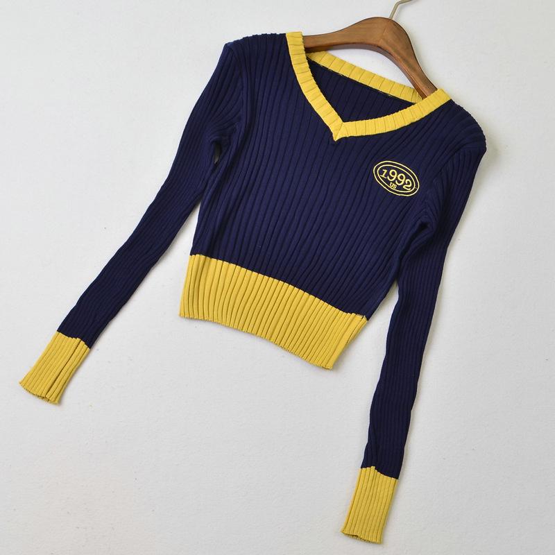 Women's V-neck Sweater Spring Autumn Long-sleeved Knitted Cropped Top Sweater Color-block Pullover Jumper