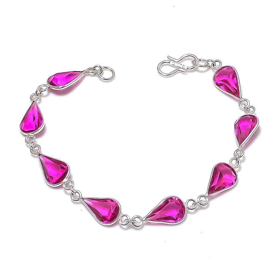 Натуральный Розовый Рубеллит Камень Ручной Работы Серебряный Браслет 925 Пробы 7-8  ASB-2963