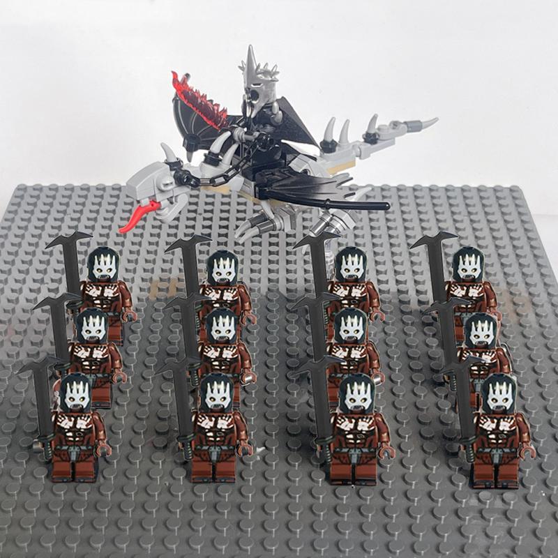 14pcs MOC Medieval Dwarf Warrior Elves Knights LotR Uruk-hai Orc Rohan Soldier with Witch King Leader Figure Building Block Toys