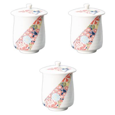 Setomonohonpo Set of 3 White Matte Yuzen Sushi Teacups with Lids X Ceramic Sushi Teacups (Setomonohonpo) [9 12cm, 300cc]