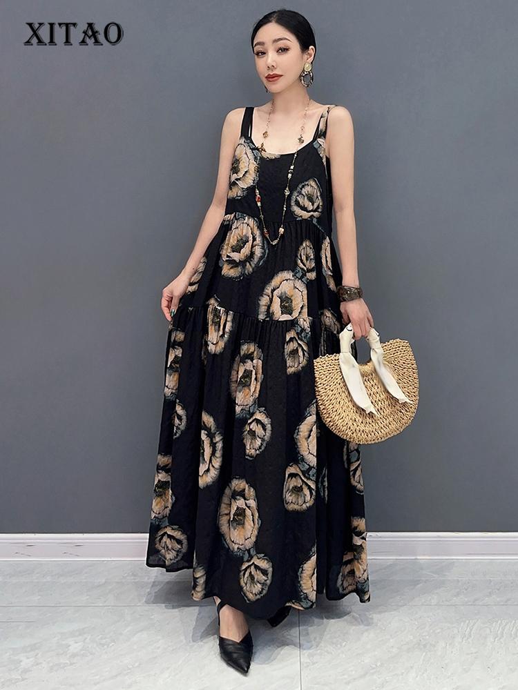 

XITAO пуловер на бретелях с принтом, свободное платье в стиле пэчворк со складками, модное темпераментное универсальное платье, новинка лета 2024, универсальное универсальное платье GJ1063