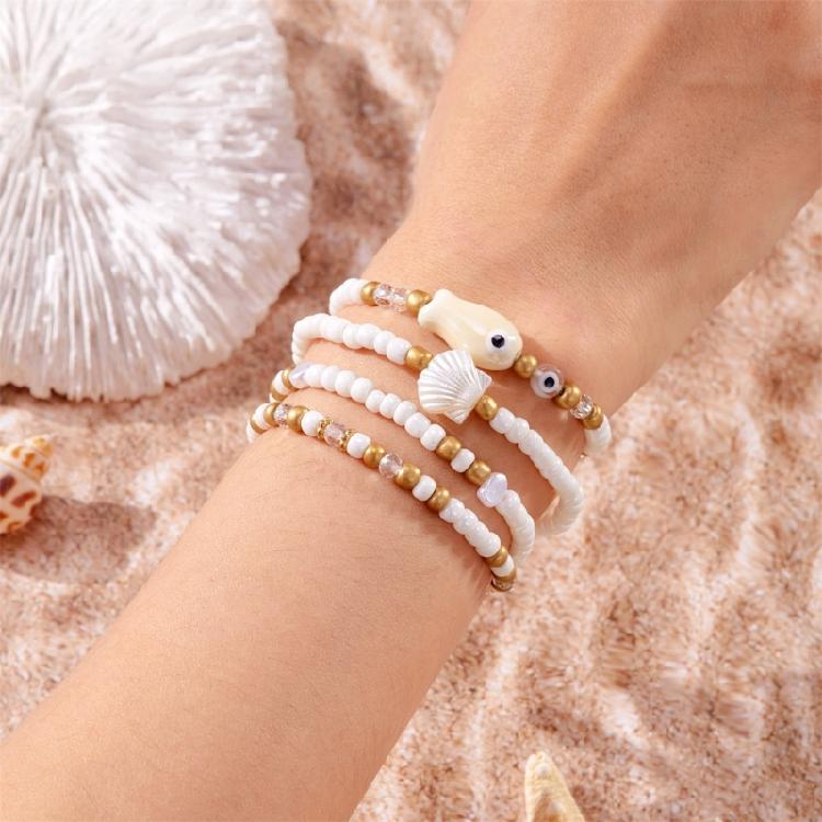 Handgefertigte Muscheln Keramikfisch Armbänder Dehnbare Handgelenkschmuck Stapelbare Sommer Strand Accessoires Für Frauen