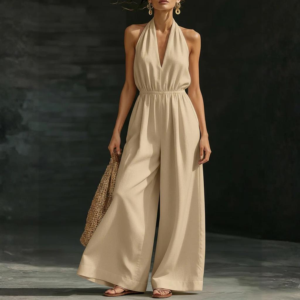 Women's V-neck Wide-leg Sleeveless Belted Long Jumpsuit
