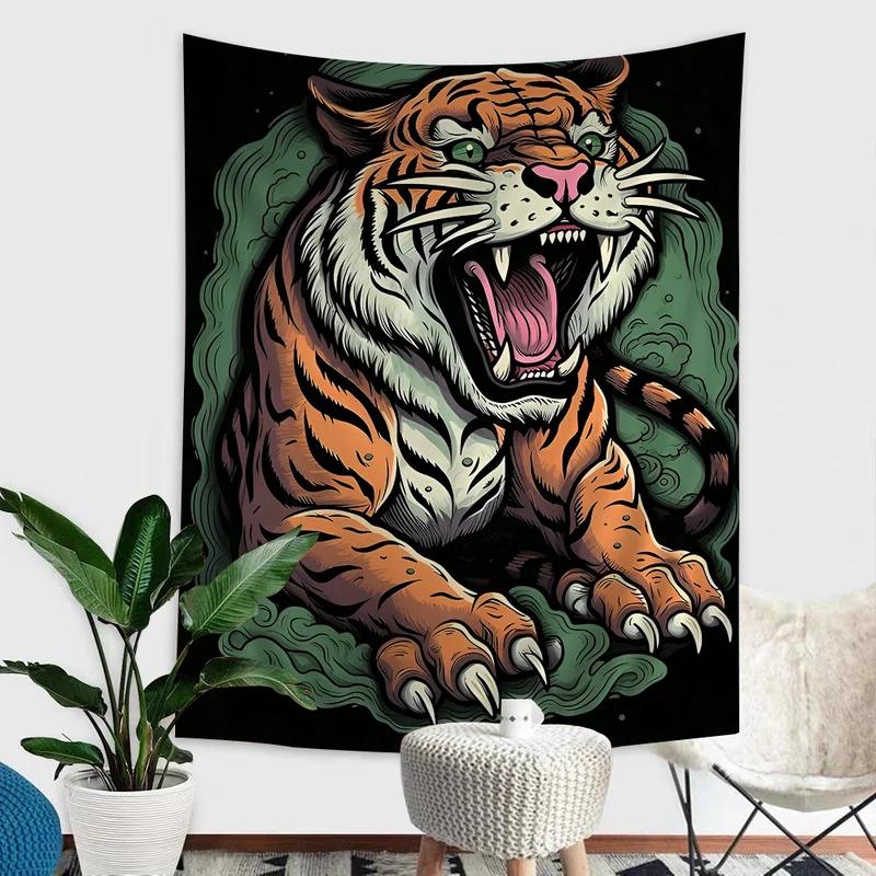 VIKAMA Wild Tiger Tapestry Retro Tattooed Woman Coexisting With The Beast FadeResistant Living Room Bedroom Decor Tapestry