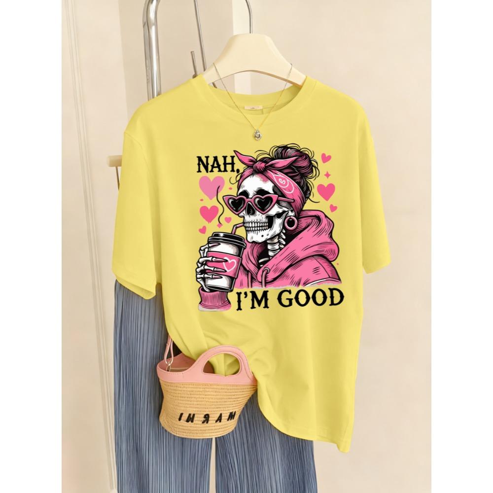 I'M Good Coffe Heart Skulls Print T-Shirt Women Summer Breathable T Shirts Jogging Short Sleeves Trendy Streetwear