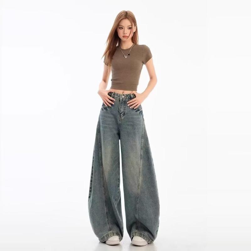 Retro washed high-waisted wide-leg jeans women's new commuter loose straight floor-mopping pants