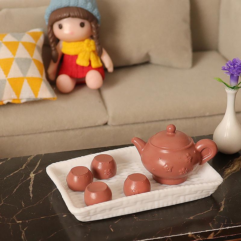 5Pcs/Set 1/12 Dollhouse Simulated Teapot With Cups Set Dollhouse Miniature Kitchen Decoration Dolls House Accessories