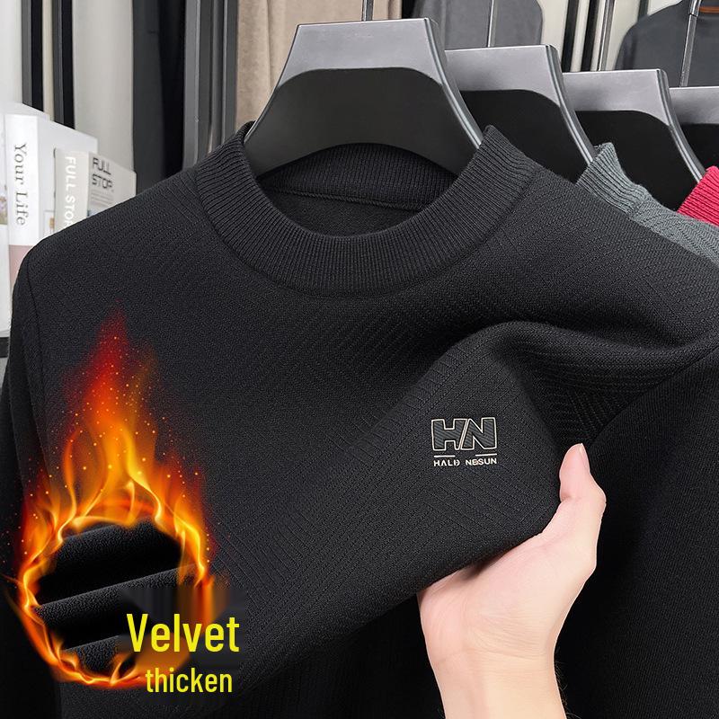 Men's Thick Plush Fleece Knit Top - Round Neck, Warm Base Layer for Winter/Autumn