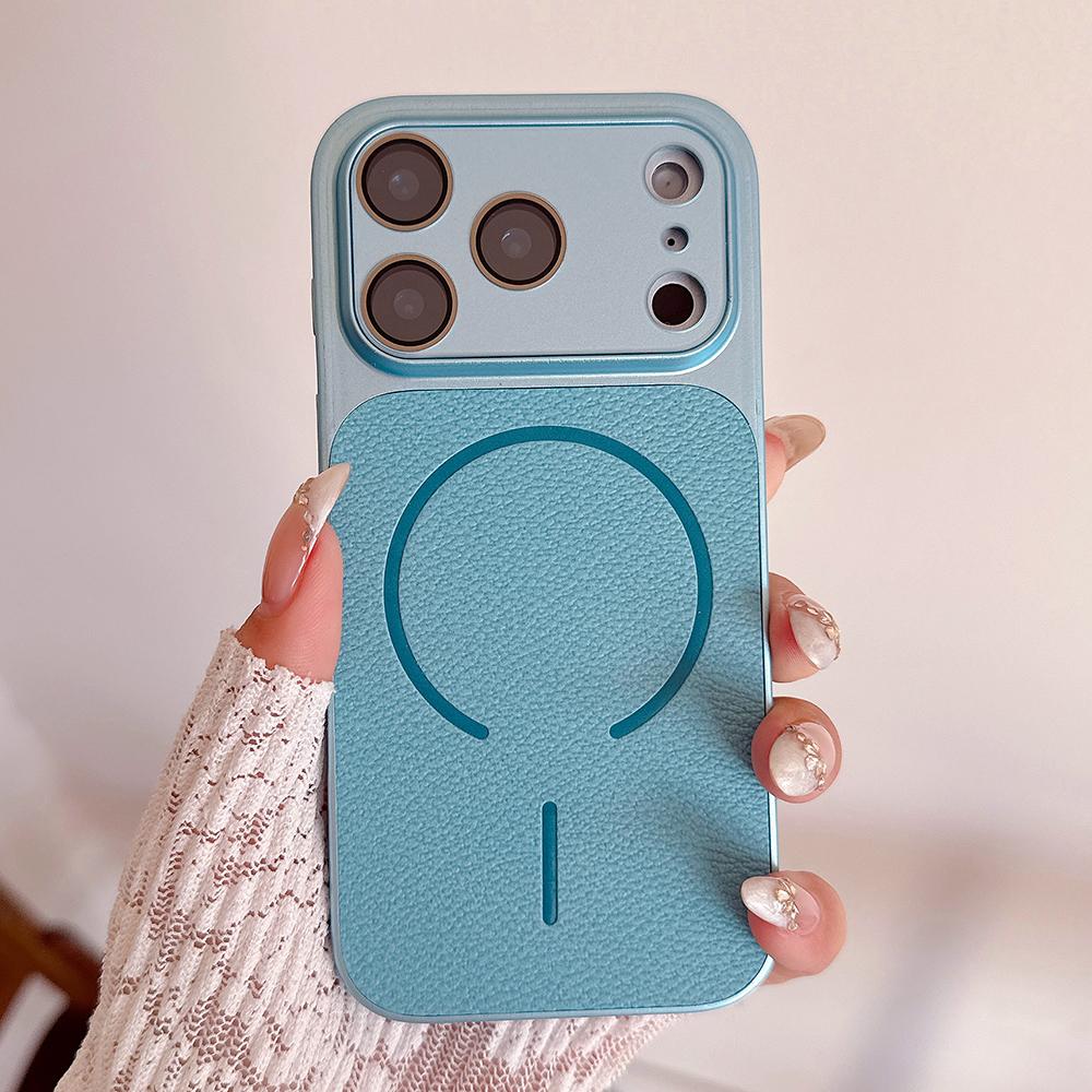 Luxury Lychee Grain Magnetic For Magsafe Case For iPhone 17 16 15 14 13 Pro Max Shockproof With Built-in Lens Protector Cover