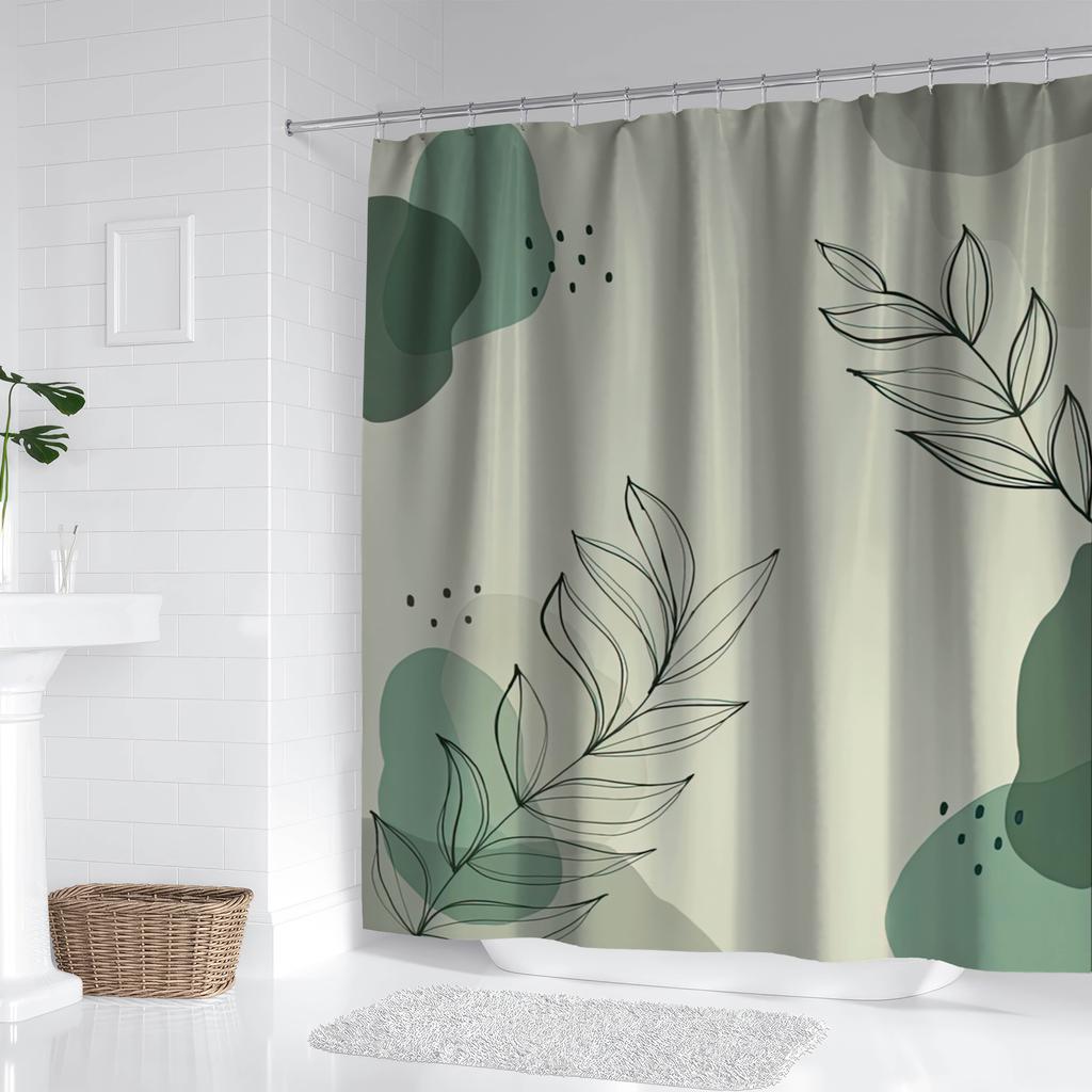1pc Modern Green Leaf Pattern Digital Print Shower Curtain, Waterproof Bathroom Decor, Home Spa Decoration With Hooks