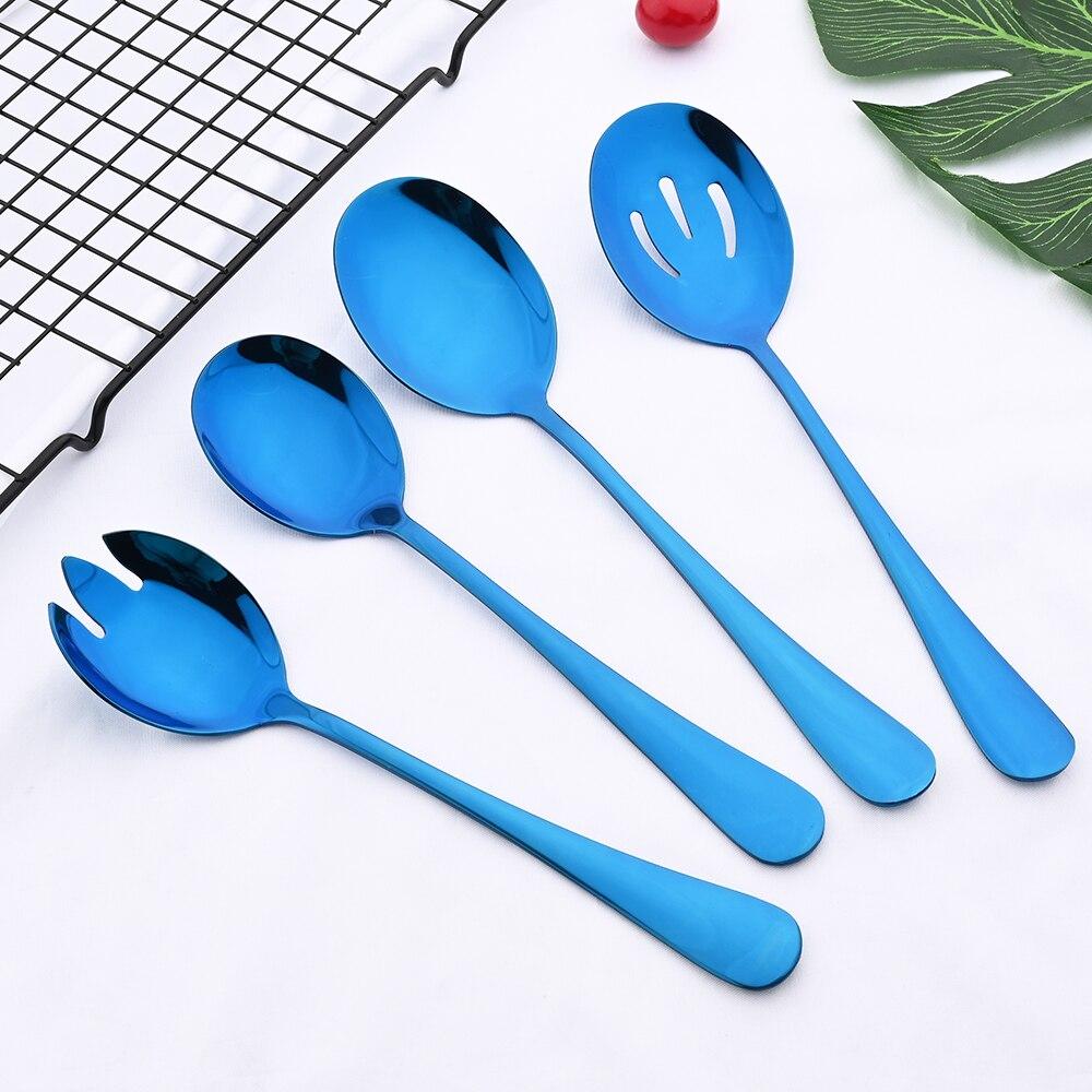 Blått middagsservise bestikksett rustfritt stål bærbart kjøkken kakespade serveringsgaffel skje dørslag skje salatgaffel servise