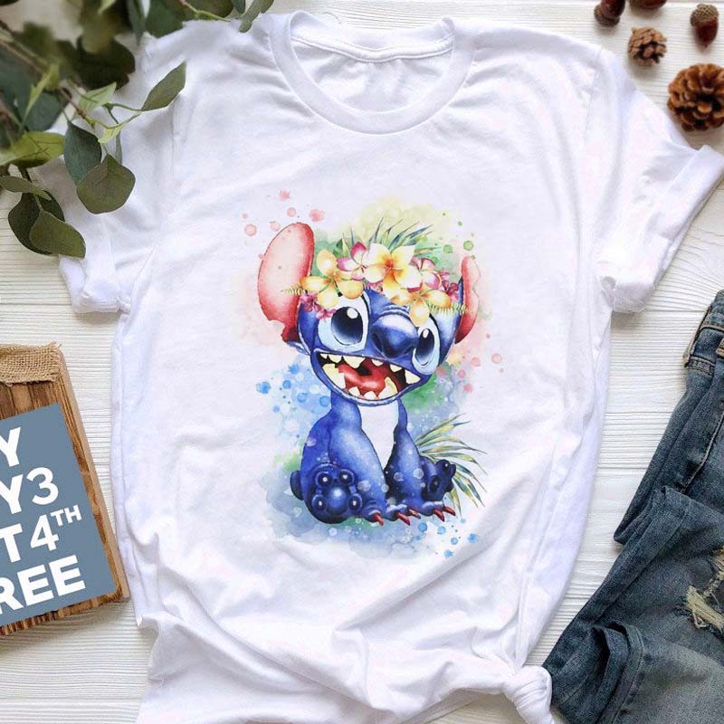 Disney Lilo Stitch Cute Cartoon Print Women T-Shirt Summer Streetwear Short Sleeve T Shirt Fashion Casual Female Clothes Tops