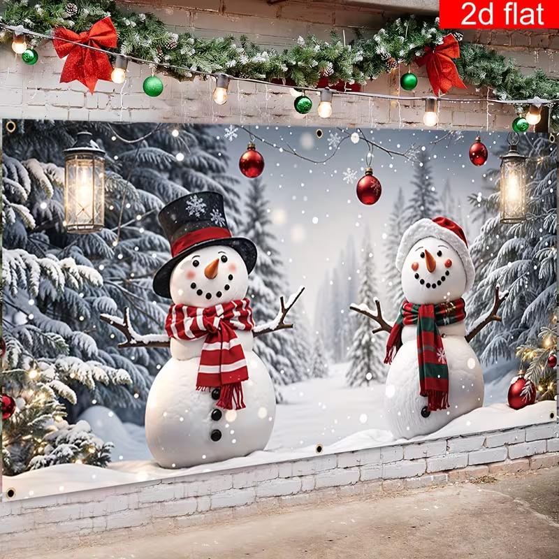 2D Christmas Snowman Garage Door Tapestry, Winter Forest & Snowy Background