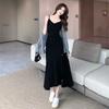 2025 Spring/Summer French Black Spaghetti Strap Slit Dress & Sun Protection Cardigan Set