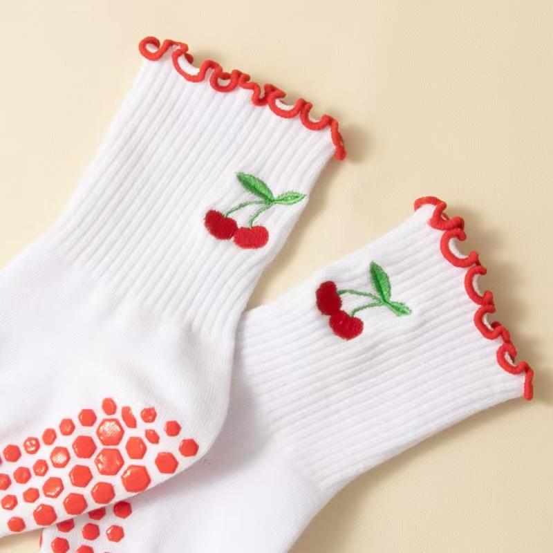 Cartoon Yoga Socks, Women's Embroidered Mid-calf Socks, Cherry Professional Anti-slip Fitness Pilates Sports Floor
