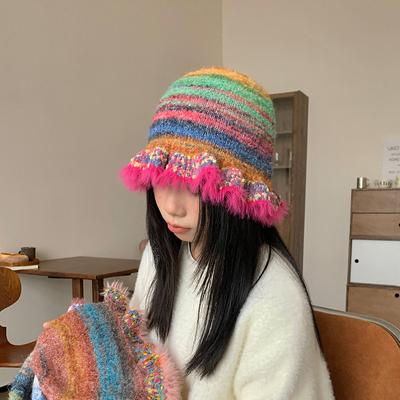 Gestreifte Wollmütze mit Ölgemälde, Retro-Regenbogen-Strickmütze, Farbverlauf, Kontrast, Plüsch-Strickmütze