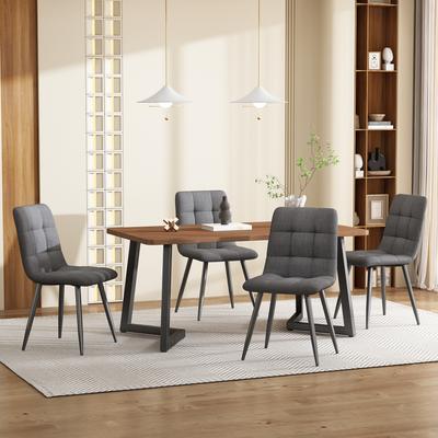 Dining Set (5-piece), Dining Table with 4 Chairs, Wood Grain Table with Black Metal Legs, MDF Table Top In Walnut Color, Dark Grey Linen Chairs