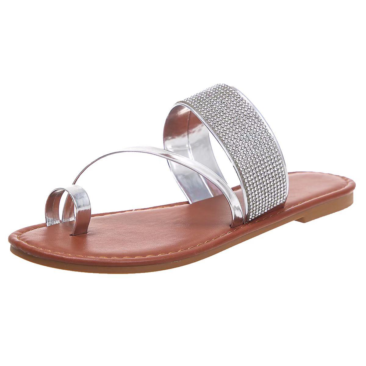 

Літня жіноча мода Золоті Срібні Лакована шкіра Плоский каблук Сандалі Жіночі Блискучі Стрази Вузький ремінець Пляжні Повсякденні Шльопанці 43 срібний