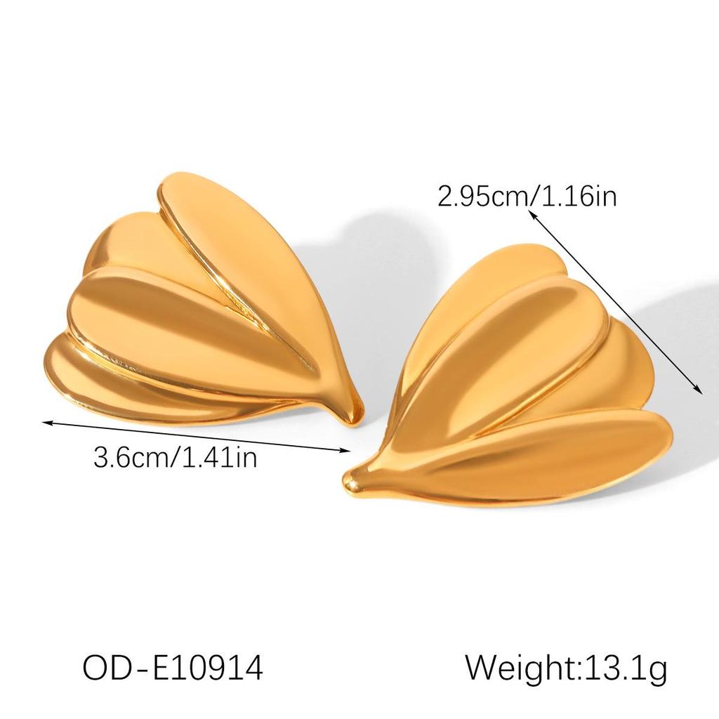 Stainless Steel Leaf Stud Earrings, Niche Design, 18K Gold-Plated, Non-Fading for Women.