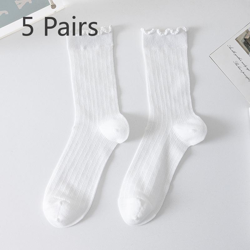 5 par sommer tynne dame sokker med treørekant, midt på leggen, pustende mesh, nuppefrie bomullssokker, stablede Lolita-sokker
