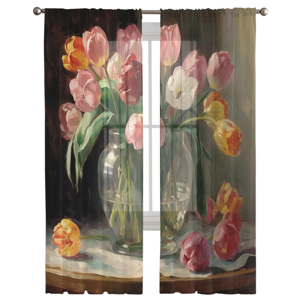Flower Leaves Oil Painting Sheer Curtains For Living Room Bedroom Tulle Curtain For Kitchen Voile Curtain Blind Panels