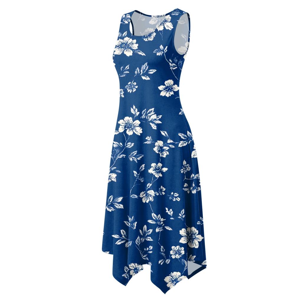 Women's Casual Sleeveless Floral Print Dress Round Neck Irregular Hem Mid-Length Summer Dress Lightweight Comfortable Fabric