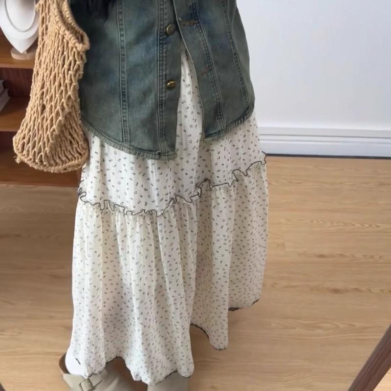 Women's Vintage Floral Ruffle High-Waist Apricot A-Line Maxi Skirt - Summer Girlish Style Half Skirt