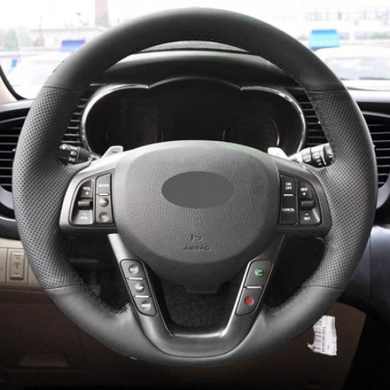 Черная Прошитая Кожаная Накладка на Руль с Перфорацией для Kia K5 Optima 2008-2013