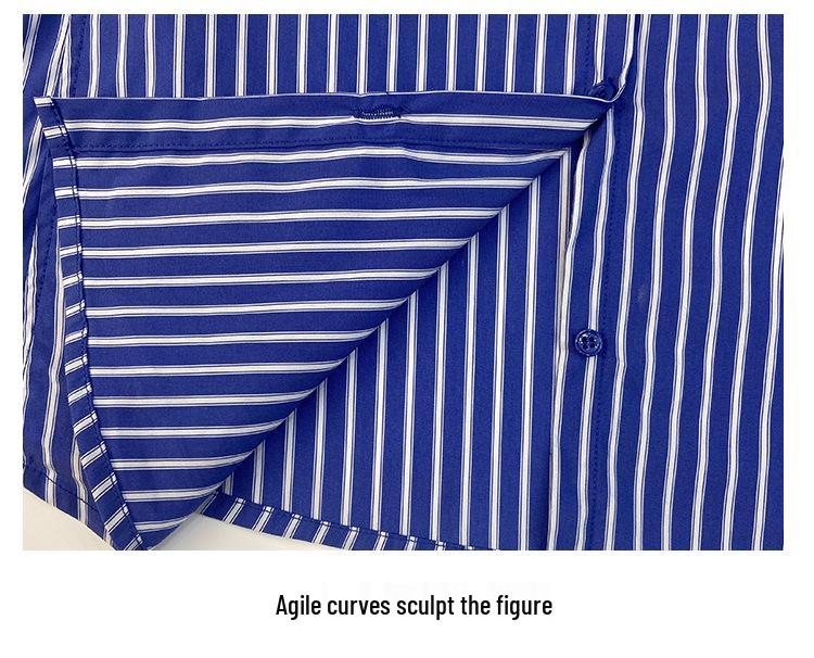 Women's Blue Striped Long Sleeve Waist-Cinching Layering Shirt - 2026 Spring Collection