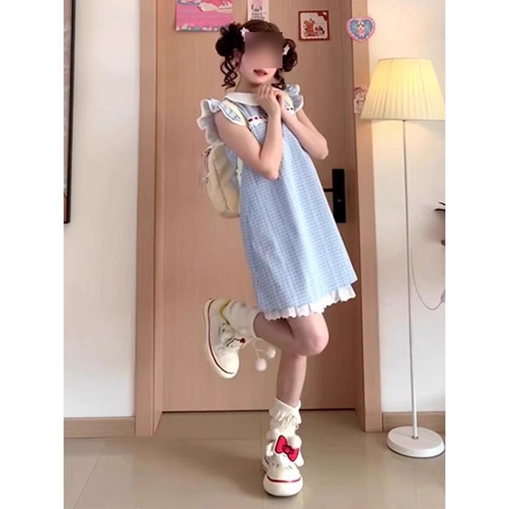 Doll collar small flying sleeve plaid dress women's summer college style sweet first love princess dress small loose skirt