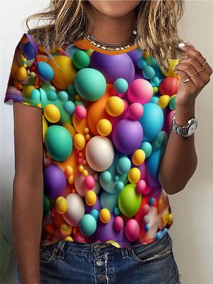 Colored Stones Print Crew Neck T-Shirt, Casual Short Sleeve Top For Spring & Summer, Women's Clothing