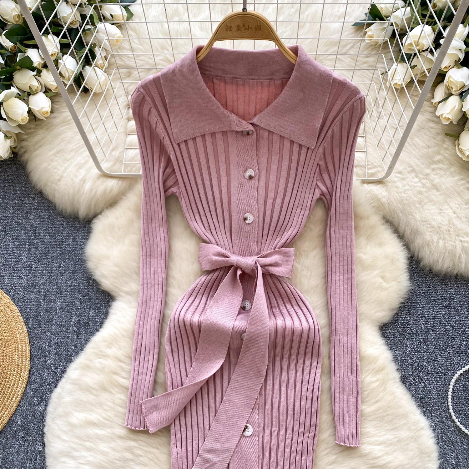 Винтажное отложной воротник элегантное длинное рукав однобортное бандажное трикотажное — фото 21